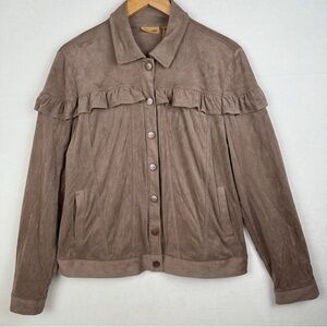 Wrangler Jacket Large Tan Brown Ruffles Western Boho Faux Suede Snap Button Up